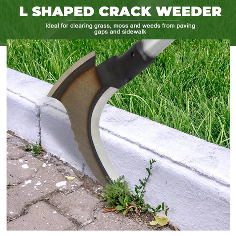 Long Reach Weed Puller Tool Set 2 Pack with L-shaped weeder removing grass from sidewalk cracks.
