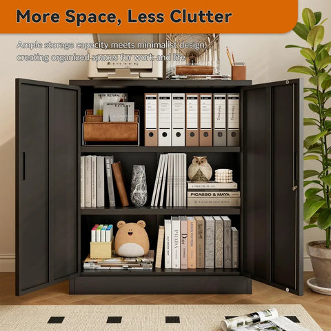 Heavy Duty 36 Inch Black Metal Storage Cabinet With Locking Doors, 2 Adjustable Shelves, Rust-Resistant Steel Garage Cabinet For Home, Office, Workshop, Utility Room, School Organization.