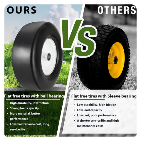 Twofer 13x5.00-6 Flat Free Lawn Mower Tires With Bearings 3/4 Inch 1/2 Inch And 5/8 Inch Replacement Wheels For Lawn Tractors And Push Mowers, Smooth Rolling, Durable Turf Tires, flat free tire comparison