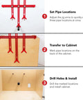 Step-by-step use of Cabinet Plumbing Jig With Adjustable Arms For Precise Plumbing And Electrical Hole Locations In Sink Base Cabinets And Bathroom Vanities That Lets You Mark Center Lines Fast And Easy And 3X Faster Install Time Made In USA.