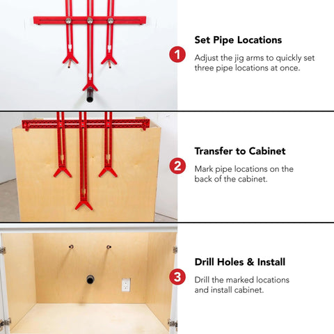 Step-by-step use of Cabinet Plumbing Jig With Adjustable Arms For Precise Plumbing And Electrical Hole Locations In Sink Base Cabinets And Bathroom Vanities That Lets You Mark Center Lines Fast And Easy And 3X Faster Install Time Made In USA.
