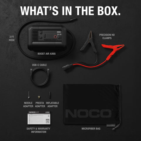 2000 Amp Jump Starter With Built-In Air Compressor And Tire Inflator, USB-C Power Bank, And LED Flashlight box contents