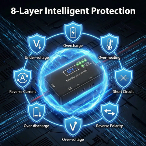 8-layer protection for 12V 20A PWM Solar Charge Controller With Type C USB Output Auto Detects LiFePO4 AGM And Gel Batteries