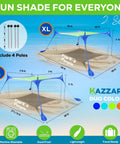 Ultra Portable Beach Tent Sun Shade 10x10 Ft UPF50 Plus with sizes L and XL, includes 4 stability poles.