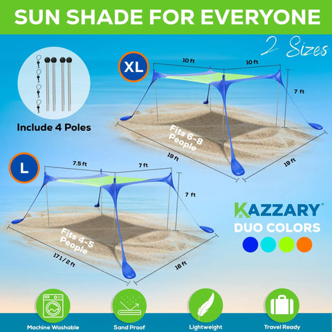 Ultra Portable Beach Tent Sun Shade 10x10 Ft UPF50 Plus with sizes L and XL, includes 4 stability poles.