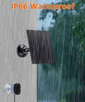 10W Solar Panel Charger For 5V Cameras With USB C, Micro USB, And DC Adapters, IP66 Waterproof Outdoor Power Kit in rain