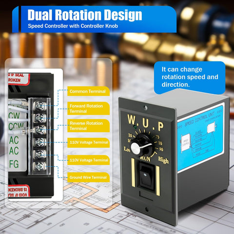 Dual rotation design speed controller for Heavy Duty Beefed Up 250W AC Gear Motor with Speed Controller, 135RPM Output.