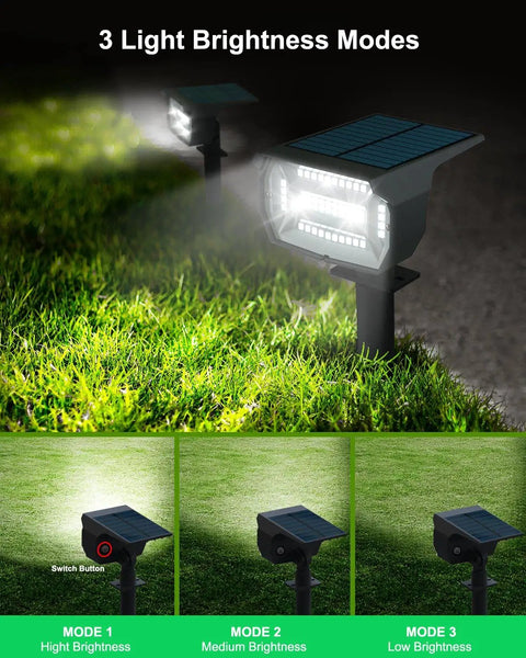 Six Pack Solar Landscape Spotlights With 48 LEDs And Three Brightness Modes, showing three lighting modes on grass