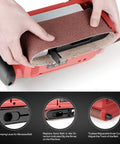 Hands changing belt on Beast 7 Amp Belt Sander With Six Variable Speed Settings From 200 To 360 RPM 3 By 18 Inch Belts