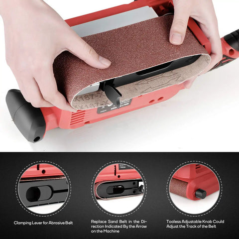 Hands changing belt on Beast 7 Amp Belt Sander With Six Variable Speed Settings From 200 To 360 RPM 3 By 18 Inch Belts