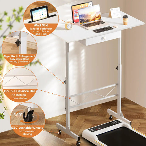 Compact Adjustable Standing Desk On Wheels For Home Office with iPad slot, 32 inch top and white frame, positioned beside a treadmill