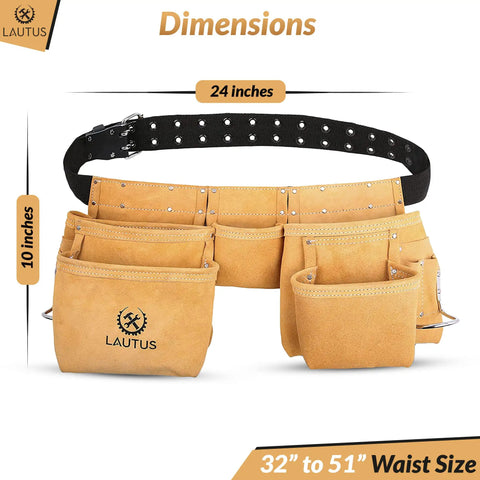 Suede Tool Belt And Work Apron With 12 Pockets, Dual Hammer Loops, Quick Access Pockets, Adjustable for Carpenters and DIY Pros