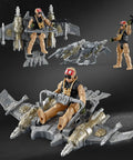 Rugged Army Men Play Set with realistic weapons for kids, featuring detailed soldier on grey flying vehicle with accessories.