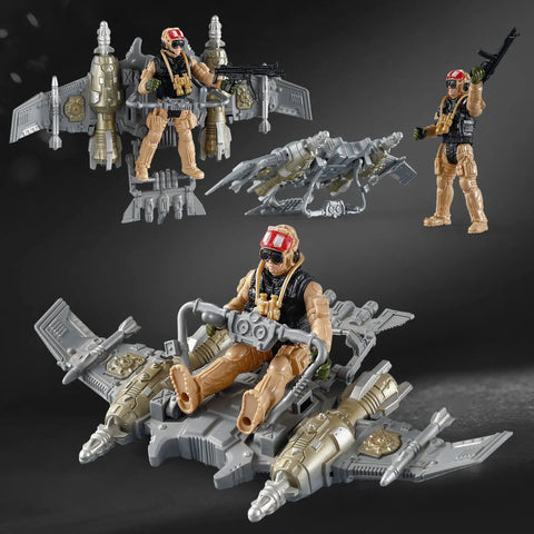 Rugged Army Men Play Set with realistic weapons for kids, featuring detailed soldier on grey flying vehicle with accessories.
