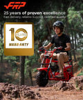 Rider on mini bike with Mini Bike Front Fork Suspension Kit With Beefed Up Hydraulic Shocks for Monster Mega Moto in forest terrain