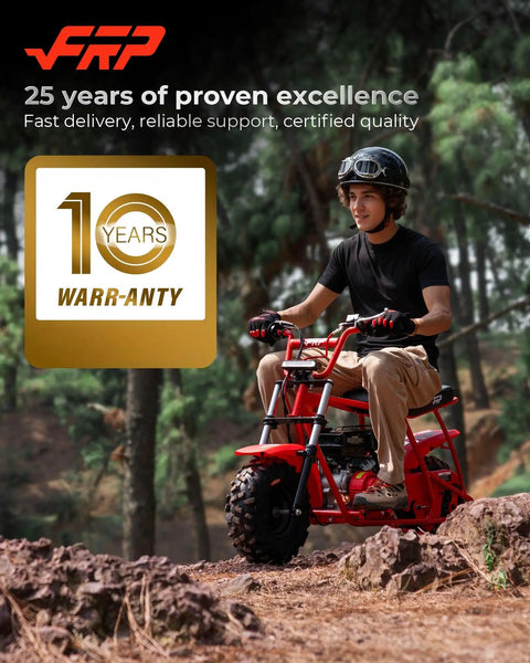 Rider on mini bike with Mini Bike Front Fork Suspension Kit With Beefed Up Hydraulic Shocks for Monster Mega Moto in forest terrain