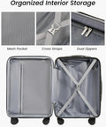 YOETEY 3-piece black hardside luggage set, expandable, shown open to reveal interior with cross straps and mesh pocket