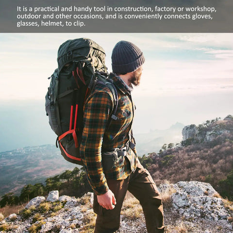 Man hiking with backpack using Two Pack Glove Clips Holder Clip On Belt Loop And Helmet Pink Durable Clip in a mountainous area