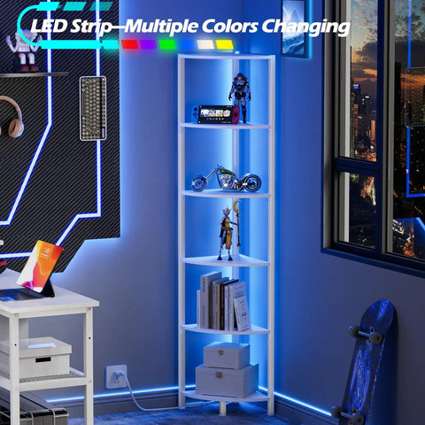 Six Tier Corner Shelf With LED Light, 67.5 Inch Tall White Narrow Bookshelf in gaming room with blue LED lighting