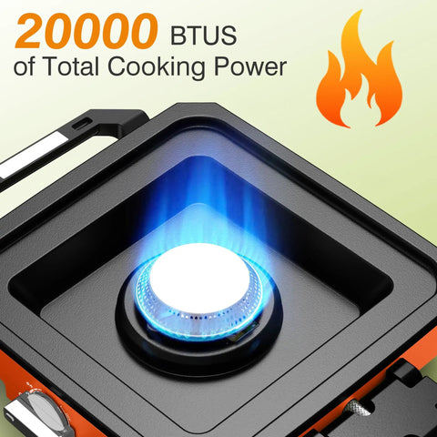 Kickass Two Burner Propane Camping Stove With Windproof Shield showing blue flame, 20000 BTU cooking power for outdoor use.