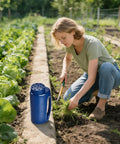Woman gardening with Handheld Seed Shaker And Spreader With 90 Oz Capacity, Three Adjustable Openings For Fertilizer, Blue