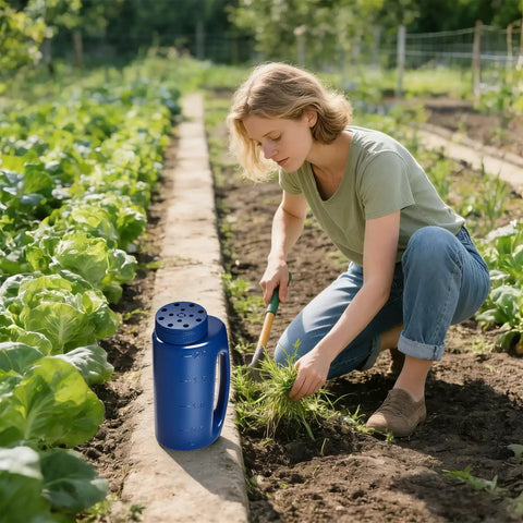 Woman gardening with Handheld Seed Shaker And Spreader With 90 Oz Capacity, Three Adjustable Openings For Fertilizer, Blue