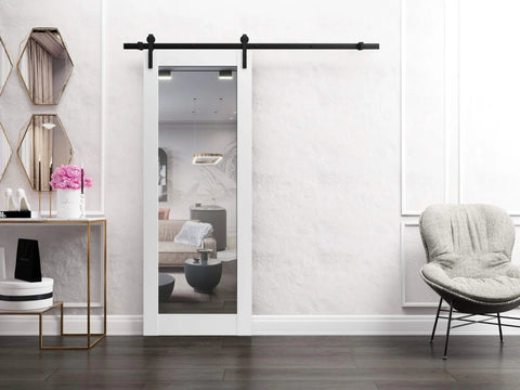 Sturdy Barn Door 36 By 96 Inches With Mirror Panel Lucia 1299 White Silk With Mirror Finish 6.6 Ft Rail Hangers Heavy Hardware Set