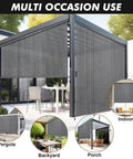 8 Ft W By 8 Ft H Gray Outdoor Roller Shade Cordless Patio Blind with Spliced Pole Design on pergola in garden