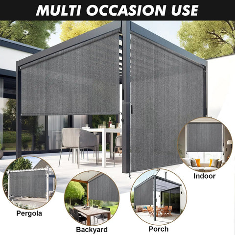 8 Ft W By 8 Ft H Gray Outdoor Roller Shade Cordless Patio Blind with Spliced Pole Design on pergola in garden