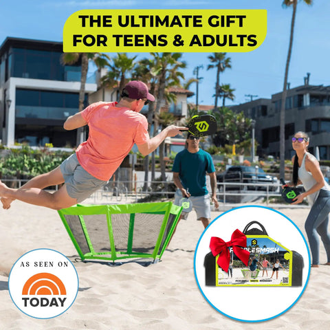 People playing Pickleball Roundnet Yard Game For Outdoor Fun Beach Backyard Lawn Play With Easy Assembly Includes Paddles Balls And Case