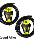 Two 6 Ft Python Adjustable Cable Locks Keyed Alike Set With Four Keys And Velcro Straps, heavy duty steel cables shown in package.