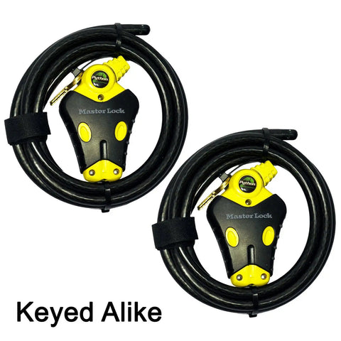 Two 6 Ft Python Adjustable Cable Locks Keyed Alike Set With Four Keys And Velcro Straps, heavy duty steel cables shown in package.