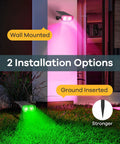 StarRay RGB Solar Spot Lights Outdoor IP65 Waterproof Dope Color Changing Pathway Garden Lights With 8 Color Modes Auto Cycle Multicolor 6 Pack For Yard Porch Patio, installed on wall and ground in night setting