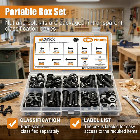 205-Piece M6 Bolt Set With Button Head Hex Socket Cap Screws in organized box on workbench