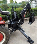 Three Point Hitch PTO Hydraulic Backhoe Attachment For Tractors With 10 Inch Or 15 Inch Bucket Beefed Up 4928 Lb Digging Force 6 Foot Digging Depth 180 Degree Swing Tank Included Fits John Deere Kubota And More attached to red tractor on concrete