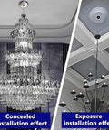 Heavy Duty Electric Chandelier Hoist Lifter Winch With Wall Switch And Remote Controller For Pendant Lamp Cleaning Up To 154 Lbs Max Load Capacity shown with concealed and exposed installation effects.