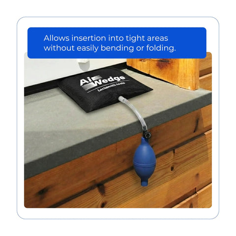 Heavy-duty air wedge bag pump with blue inflation bulb and clear hose, shown with black Air Wedge pouch.