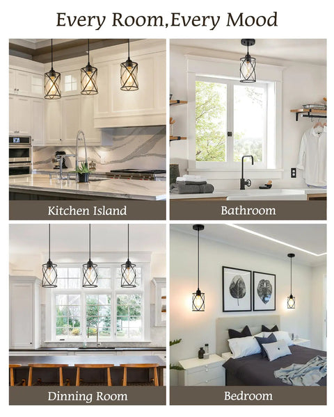 Black Glass Pendant Lights Two Pack With Clear Glass Cylinders shown in kitchen, bathroom, dining room, and bedroom.