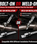 2 Pack Swivel Exhaust Hangers For Universal Exhaust System, showing bolt-on and weld-on installation methods, metal brackets