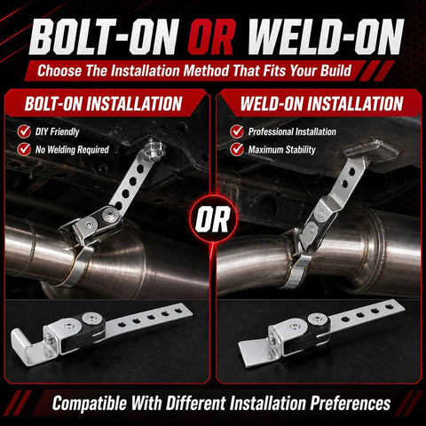 2 Pack Swivel Exhaust Hangers For Universal Exhaust System, showing bolt-on and weld-on installation methods, metal brackets