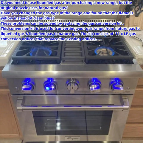 Stainless steel gas range with blue knob lights and cast iron grates