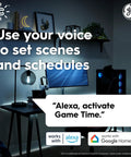 Dark gaming room with desk, monitor, and voice control prompts for Cync Smart LED Candle Bulb B11 With WiFi Control, Alexa, and Google Home.
