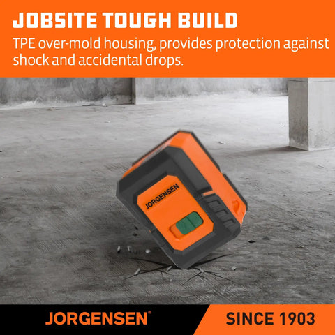 Orange and black laser level with TPE over-mold housing for protection, shown on a concrete floor.