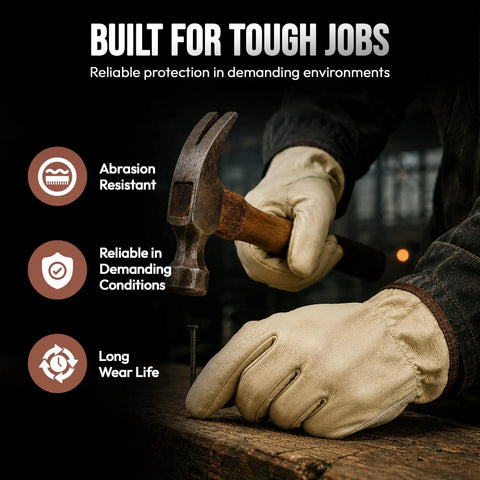 Close-up of 12 Pair Large Leather Work Gloves Tough-As-Nails Heavy Duty holding a hammer, ideal for industrial jobs.