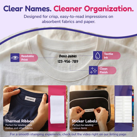 Personalized Kids Clothing Stamp Set Self Inking Name Stamp With 2 Lines Of Text Fabric Stamper example on white shirt