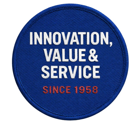Blue round patch with text 'Innovation, Value & Service Since 1958' in white and red letters.