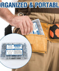 Heavy Duty 410 Stainless Self Tapping Screws Kit With Washers in a clear box placed in a tool belt.