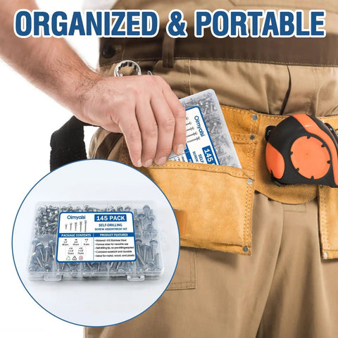 Heavy Duty 410 Stainless Self Tapping Screws Kit With Washers in a clear box placed in a tool belt.