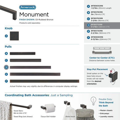 Oil Rubbed Bronze Cabinet Pull Monument Collection 5-1/16 Inch Center-To-Center, product diagram showing dimensions and accessories