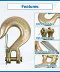 Close-up of 2 Pack 3/8 Inch Clevis Grab Hooks G70 Steel Chain Slip Hook with Safety Latch for towing and rigging.